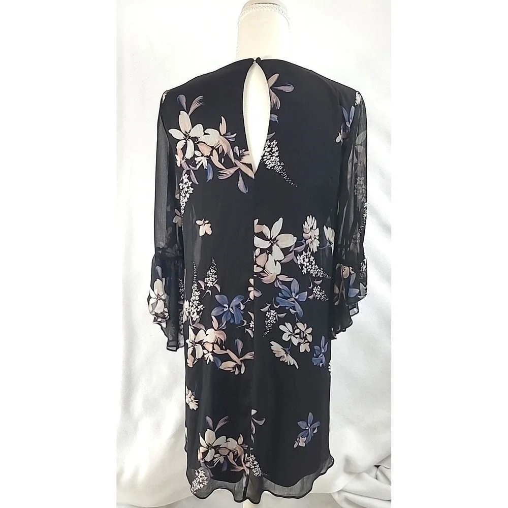 Calvin Klein Dress Sz 6 Black Chiffon Ruffles Floral Whimsigoth Fairy‎ Event EUC